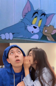 情侣模仿猫和老鼠拍照姿势微信素材图片